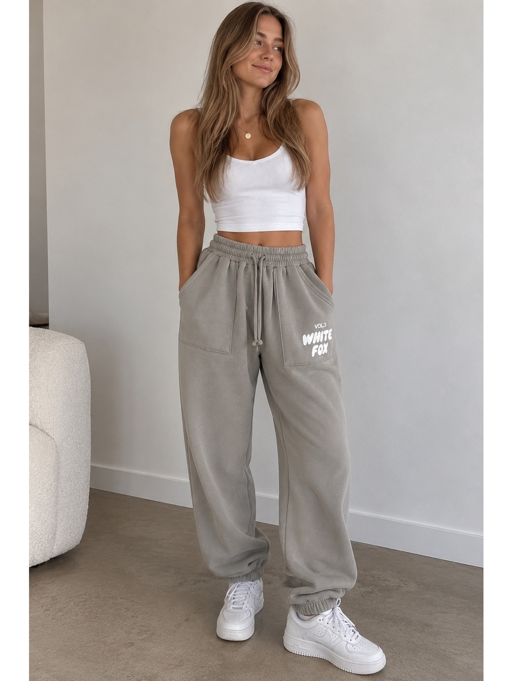 White Fox Fleece Jogger Sweatpants Beige Size S Cozy Lounge Casual New